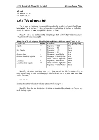 4-192 Lập trình Visual C# thế nào? Dương Quang Thiện
Kết xuất
Sau postfix: 11, 10
Sau prefix: 21, 21
4.6.4 Tác tử quan hệ
Tác tử quan hệ (relational operator) dùng so sánh hai trị, để trả về một trị bool (true
hoặc false). Tác tử lớn hơn (>) sẽ trả về true nếu trị ở vế trái tác tử lớn hơn trị ở vế phải.
Do đó, 5 > 2 sẽ trả về true, trong khi 2 > 5 sẽ trả về false.
Bảng 4-4 liệt kê các tác tử quan hệ. Bảng này giả định hai biến bigValue mang trị số
100, còn smallValue mang trị 50.
Bảng 4-4: Các tác tử quan hệ (giả định bigValue = 100 còn smallValue = 50)
Tên tác tử Tác tử Câu lệnh Kết quả định trị
Equals
Not Equals
Greater than
Greater than hoặc equals
Less than
Less than hoặc equals
==
!=
>
>=
<
<=
bigValue == 100
bigValue == 80
bigValue != 100
bigValue != 80
bigValue > smallValue
bigValue >= smallValue
smallValue >= bigValue
bigValue < smallValue
smallValue <= bigValue
bigValue <= smallValue
true
false
false
true
true
true
false
false
true
false
Bạn để ý, tác tử so sánh bằng nhau (==) , được tạo với hai dấu (=) không có ký tự
trắng ở giữa, dùng so sánh hai đối tượng ở hai đầu tác tử, cho ra trị bool false hoặc true.
Do đó, câu lệnh:
myX == 5;
định trị cho ra true nếu và chỉ nếu myX là một biến mang trị 5.
Bạn để ý đừng lẫn lộn tác tử gán (=) với tác tử so sánh bằng nhau (==). Chuyện xảy
ra rất thường xuyên.
 