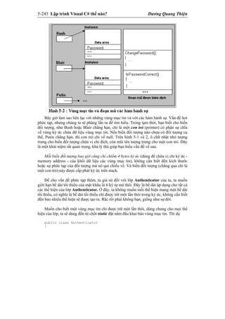5-243 Lập trình Visual C# thế nào? Dương Quang Thiện
Bây giờ làm sao liên lạc với những vùng mục tin và với các hàm hành sự. Vấn đề hơi
phức tạp, nhưng chúng ta sẽ phăng lần ra để tìm hiểu. Trong tạm thời, bạn biết cho biến
đối tượng, như Bush hoặc Blair chẳng hạn, chỉ là một con trỏ (pointer) có phận sự chĩa
về vùng ký ức chứa dữ liệu vùng mục tin. Nếu biến đối tượng nào chưa có đối tượng cụ
thể, Putin chẳng hạn, thì con trỏ chỉ về null. Trên hình 5-1 và 2, ô chữ nhật nhỏ tượng
trưng cho biến đối tượng chứa vị chỉ đích, còn mũi tên tượng trưng cho một con trỏ. Đây
là một khái niệm rất quan trọng, khá lý thú giúp bạn hiểu vấn đề về sau.
Mỗi biến đối tượng bao giờ cũng chỉ chiếm 4 bytes ký ức (dùng để chứa vị chỉ ký ức -
memory address - của khối dữ liệu các vùng mục tin), không cần biết đến kích thước
hoặc sự phức tạp của đối tượng mà nó qui chiếu về. Và biến đối tượng (chẳng qua chỉ là
một con trỏ) này được cấp phát ký ức trên stack.
Để cho vấn đề phức tạp thêm, ta giả sử đối với lớp Authenticator của ta, ta muốn
giới hạn bề dài tối thiểu của mật khẩu là 6 ký tự mà thôi. Đây là bề dài áp dụng cho tất cả
các thể hiện của lớp Authenticator. Ở đây, ta không muốn mỗi thể hiện mang một bề dài
tối thiểu, có nghĩa là bề dài tối thiểu chỉ được trữ một lần thôi trong ký ức, không cần biết
đến bao nhiêu thể hiện sẽ được tạo ra. Rắc rối phải không bạn, giống như sự đời.
Muốn cho biết một vùng mục tin chỉ được trữ một lần thôi, dùng chung cho mọi thể
hiện của lớp, ta sẽ dùng đến từ chốt static đặt nằm đầu khai báo vùng mục tin. Thí dụ
public class Authenticator
{
 