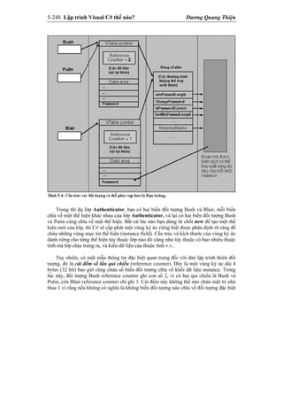 5-248 Lập trình Visual C# thế nào? Dương Quang Thiện
Trong thí dụ lớp Authenticator, bạn có hai biến đối tượng Bush và Blair, mỗi biến
chĩa về một thể hiện khác nhau của lớp Authenticator, và lại có hai biến đối tượng Bush
và Putin cùng chĩa về một thể hiện. Bất cứ lúc nào bạn dùng từ chốt new để tạo một thể
hiện mới của lớp, thì C# sẽ cấp phát một vùng ký ức riêng biệt được phân định rõ ràng để
chứa những vùng mục tin thể hiện (instance field). Cấu trúc và kích thước của vùng ký ức
dành riêng cho từng thể hiện tùy thuộc lớp nào đó cũng như tùy thuộc có bao nhiêu thuộc
tính mà lớp chịu trưng ra, và kiểu dữ liệu của thuộc tính v.v..
Tuy nhiên, có một mẫu thông tin đặc biệt quan trọng đối với dân lập trình thiên đối
tượng, đó là cái đếm số lần qui chiếu (reference counter). Đây là một vùng ký ức dài 4
bytes (32 bit) bao giờ cũng chứa số biến đối tượng chĩa về khối dữ liệu instance. Trong
lúc này, đối tượng Bush reference counter ghi con số 2, vì có hai qui chiếu là Bush và
Putin, còn Blair reference counter chỉ ghi 1. Cái đếm này không thể nào chứa một trị nhỏ
thua 1 vì rằng nếu không có nghĩa là không biến đối tượng nào chĩa về đối tượng đặc biệt
 