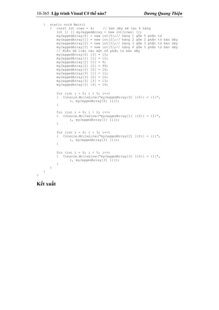 10-365 Lập trình Visual C# thế nào? Dương Quang Thiện
{ static void Main()
{ const int rows = 4; // bản dãy sẽ cao 4 hàng
int [] [] myJaggedArray = new int[rows] [];
myJaggedArray[0] = new int[5];// hàng 1 gồm 5 phần tử
myJaggedArray[1] = new int[2];// hàng 2 gồm 2 phần tử bản dãy
myJaggedArray[2] = new int[3];// hàng 3 gồm 3 phần tử bản dãy
myJaggedArray[3] = new int[5];// hàng 4 gồm 5 phần tử bản dãy
// điền dữ liệu vào một số phần tử bản dãy
myJaggedArray[0] [3] = 15;
myJaggedArray[1] [1] = 12;
myJaggedArray[2] [1] = 9;
myJaggedArray[2] [2] = 99;
myJaggedArray[3] [0] = 10;
myJaggedArray[3] [1] = 11;
myJaggedArray[3] [2] = 12;
myJaggedArray[3] [3] = 13;
myJaggedArray[3] [4] = 14;
for (int i = 0; i < 5; i++)
{ Console.WriteLine(“myJaggedArray[0] [{0}] = {1}”,
i, myJaggedArray[0] [i]);
}
for (int i = 0; i < 2; i++)
{ Console.WriteLine(“myJaggedArray[1] [{0}] = {1}”,
i, myJaggedArray[1] [i]);
}
for (int i = 0; i < 3; i++)
{ Console.WriteLine(“myJaggedArray[2] [{0}] = {1}”,
i, myJaggedArray[2] [i]);
}
for (int i = 0; i < 5; i++)
{ Console.WriteLine(“myJaggedArray[3] [{0}] = {1}”,
i, myJaggedArray[3] [i]);
}
}
}
}
Kết xuất
 