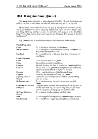 10-407 Lập trình Visual C# thế nào? Dương Quang Thiện
10.4 Hàng nối đuôi (Queue)
Một queue (hàng nối đuôi) là một collection kiểu FIFO (tắt chữ first-in-first-out)
nghĩa là vào trước ra trước giống như hàng nối đuôi trước quầy bán vé các rạp xi nê.
Queue là một collection rất tốt khi bạn cần quản lý một nguồn lực (resource) hạn chế.
Thí dụ, có thể bạn muốn chuyển một thông điệp cho một nguồn lực chỉ có thể giải quyết
một thông điệp trong một lúc. Lúc này, bạn có thể tạo một queue để có thể bảo khách
hàng: “Thông điệp của bạn rất ư quan trọng, vì ở đây thông điệp được giải quyết theo thứ
tự nhận được”.
Lớp Queue có một số hàm hành sự cũng như thuộc tính được liệt kê sau đây:
Public Properties
Count Trả về số phần tử hiện được trữ trên Queue.
IsSynchronized Trả về một trị bool cho biết liệu xem việc truy xuất Queue có
đồng bộ hay không (thread-safe).
SyncRoot Trả về một đối tượng có thể được dùng đồng bộ hoá việc truy
xuất Queue.
Public Methods
Clear Gỡ bỏ tất cả các phần tử từ Queue.
Clone Tạo một bản sao shallow của Queue.
Contains Xác định liệu xem một phần tử có nằm trên Queue hay không.
CopyTo Sao các phần tử của Queue hoặc một phần của nó lên bản dãy
một chiều hiện hữu khởi đi từ một chỉ số chỉ định.
Dequeue Gỡ bỏ và trả về đối tượng về đầu hàng của Queue.
Enqueue Thêm một đối tượng vào cuối hàng của Queue.
Equals (kế thừa từ
Object)
Overloaded. Xác định liệu xem hai thể hiện Object có bằng
nhau hay không.
GetEnumerator Trả về một enumerator cho phép rảo qua hàng nối đuôi
Queue.
GetHashCode (kế thừa
từ Object)
Dùng như là một hàm băm (hash function) đối với một kiểu dữ
liệu đặc biệt, thích ứng cho việc sử dụng trong các giải thuật
băm và các cấu trúc dữ liệu giống như một hash table.
GetType (kế thừa từ
Object)
Trả về kiểu dữ liệu Type của thể hiện hiện hành.
Peek Trả đối tượng về đầu hàng nối đuôi Queue không gỡ bỏ nó đi.
Synchronized Trả về một Queue wrapper được đồng bộ hóa (thread-safe).
 