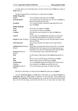 10-410 Lập trình Visual C# thế nào? Dương Quang Thiện
Các hàm hành sự chủ chốt dùng thêm vào hoặc rút khỏi stack là Push (ấn xuống) và
Pop() (tống ra).
Sau đây là bảng liệt kê các hàm hành sự và thuộc tính của Stack:
Public Properties
Count Trả về số phần tử hiện được trữ trên Stack.
IsSynchronized Trả về một trị bool cho biết liệu xem việc truy xuất Stack có
đồng bộ hay không (thread-safe).
SyncRoot Trả về một đối tượng có thể được dùng đồng bộ hoá việc
truy xuất Stack.
Public Methods
Clear Gỡ bỏ tất cả các phần tử từ Stack.
Clone Tạo một bản sao shallow của Stack.
Contains Xác định liệu xem một phần tử có nằm trên Stack hay
không.
CopyTo Sao các phần tử của Stack hoặc một phần của nó lên bản
dãy một chiều hiện hữu khởi đi từ một chỉ số chỉ định.
Equals (kế thừa từ Object) Overloaded. Xác định liệu xem hai thể hiện Object có bằng
nhau hay không.
GetEnumerator Trả về một enumerator cho phép rảo qua hàng nối đuôi
Stack.
GetHashCode (kế thừa từ
Object)
Dùng như là một hàm băm (hash function) đối với một kiểu
dữ liệu đặc biệt, thích ứng cho việc sử dụng trong các giải
thuật băm và các cấu trúc dữ liệu giống như một hash table.
GetType (kế thừa từ
Object)
Trả về kiểu dữ liệu Type của thể hiện hiện hành.
Peek Trả đối tượng về đầu hàng nối đuôi Stack không gỡ bỏ nó
đi.
Pop Gỡ bỏ và trả về một đối tượng về đầu hàng của Stack.
Push Thêm một đối tượng vào đầu hàng của Stack.
Synchronized Trả về một Stack wrapper được đồng bộ hóa (thread-safe).
ToArray Sao các phần tử của Stack qua một bản dãy mới.
ToString (kế thừa từ
Object)
Trả về một String tượng trưng cho Object hiện hành.
Hầu hết các hàm hành sự và thuộc tính của Stack đều giống như của Queue.
Các lớp ArrayList, Queue, và Stack đều có hàm hành sự overloaded CopyTo() và
ToArray(), dùng sao những phần tử collection về một bản dãy. Trong trường hợp
Stack(), hàm CopyTo() sẽ chép những phần tử của stack lên một bản dãy một chiều hiện
hữu, viết đè lên nội dung của bản dãy bắt đầu đi từ chỉ mục được chỉ định. Hàm
 