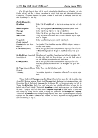 12-476 Lập trình Visual C# thế nào? Dương Quang Thiện
Cho đến giờ, bạn sử dụng biệt lệ như là một chuông báo động - sự hiện diện của biệt
lệ cho biết có sai lầm – nhưng bạn chưa hề rớ tới hoặc xem xét bản thân đối tượng
Exception. Đối tượng System.Exception có một số hàm hành sự và thuộc tính hữu ích,
như theo bảng 12-1 sau đây
Public Properties
HelpLink Đi lấy/Đặt để một kết nối về tập tin help được gắn liền với biệt
lệ.
InnerException Đi lấy đối tượng biệt lệ Exception gây ra biệt lệ hiện hành.
Message Đi lấy một thông điệp mô tả biệt lệ hiện hành.
Source Đi lấy/Đặt để tên ứng dụng hoặc đối tượng gây ra sai lầm.
StackTrace Đi lấy một biểu diễn chuỗi trên call stack vào lúc biệt lệ hiện
hành bị tung ra.
TargetSite Đi lấy hàm hành sự tung ra biệt lệ hiện hành.
Public Methods
Equals (inherited from
Object)
Overloaded. Xác định liệu xem hai thể hiện Object instances
có bằng nhau không.
GetBaseException Khi bị phủ quyết (overridden) trên một lớp được dẫn xuất, trả
về Exception gốc (root) đã gây ra một hoặc nhiều biệt lệ đi
sau.
GetHashCode (inherited
from Object)
Dùng làm một hàm băm (hash function) đối với một kiểu dữ
liệu đặc biệt, thích ứng đem sử dụng vào các giải thuật băm và
cấu trúc dữ liệu tương tự như một hash table.
GetObjectData Khi bị phủ quyết (overridden) trên một lớp được dẫn xuất,
hàm cho đặt để SerializationInfo với thông tin liên quan đến
biệt lệ.
GetType (inherited from
Object)
Đi lấy Type của thể hiện hiện hành.
ToString Overridden. Tạo và trả về một biểu diễn chuỗi của biệt lệ hiện
hành.
Thí dụ thuộc tính Message cung cấp những thông tin liên quan đến biệt lệ, chẳng hạn
vì sao biệt lệ được tung ra. Thuộc tính Message thuộc loại read-only; đoạn mã tung biệt
lệ ra có thể đặt để thuộc tính Message như là đối mục đối với hàm constructor của biệt lệ.
Thuộc tính HelpLink, thuộc loại read/write, cho bạn một kết nối (link) về một tập tin
help đi gắn liền với biệt lệ. Thuộc tính StackTrace, thuộc loại read-only, chỉ hiệu lực vào
lúc chạy. Trong thí dụ 12-6, thuộc tính Exception.HelpLink sẽ được đặt để và được tìm
thấy cung cấp thông tin cho người sử dụng liên quan đến DivideByZero Exception.
Thuộc tính StackTrace được dùng để cung cấp một stack trace (ngăn chồng theo dõi) đối
với lệnh sai lầm. Stack Trace sẽ cho hiển thị call stack: một loạt các triệu gọi hàm dẫn
đến hàm đã tung ra biệt lệ.
 