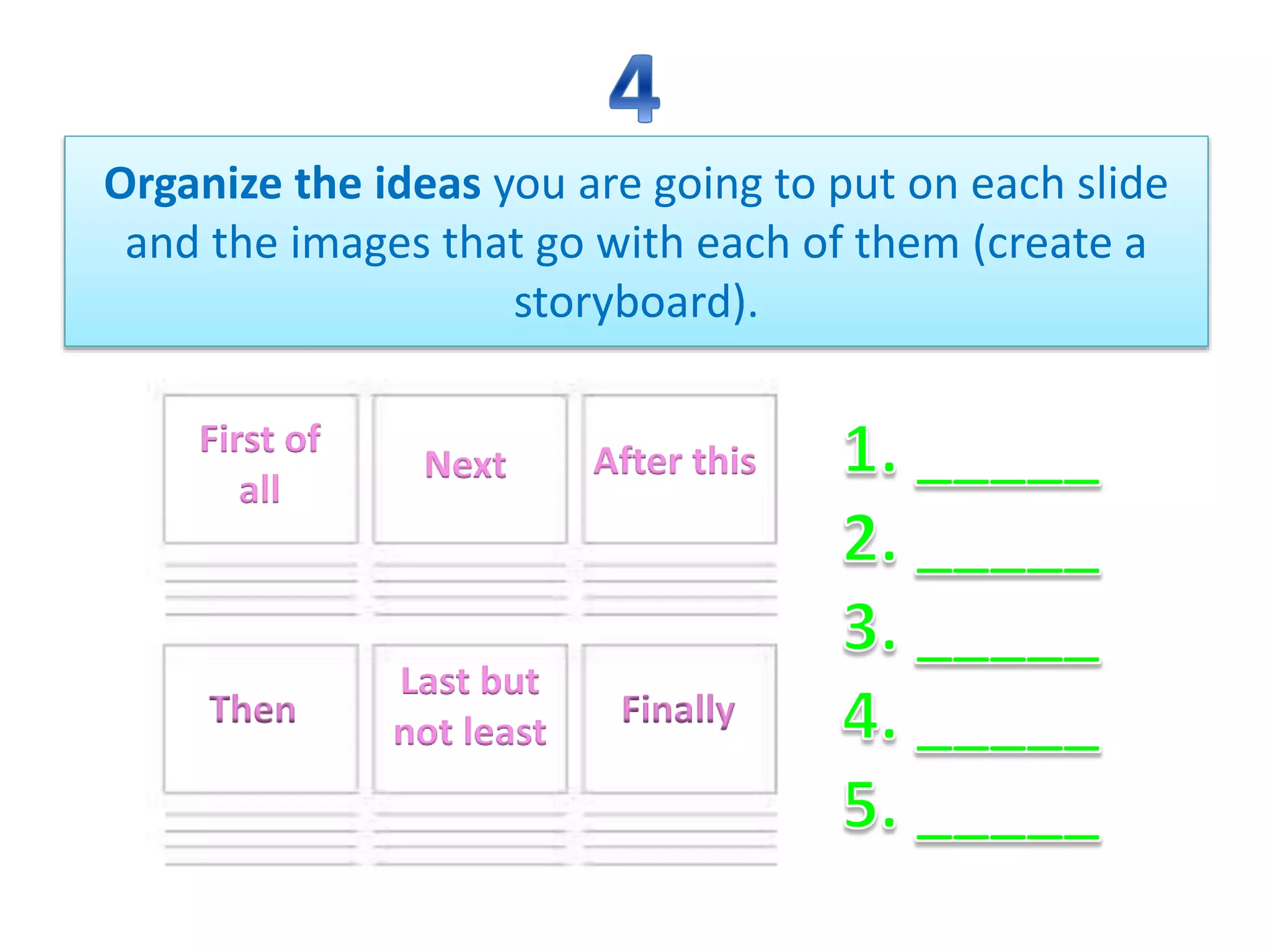 Organize the ideas you are going to put on each slide
and the images that go with each of them (create a
storyboard).
First of
all
Next After this
FinallyThen
Last but
not least
 