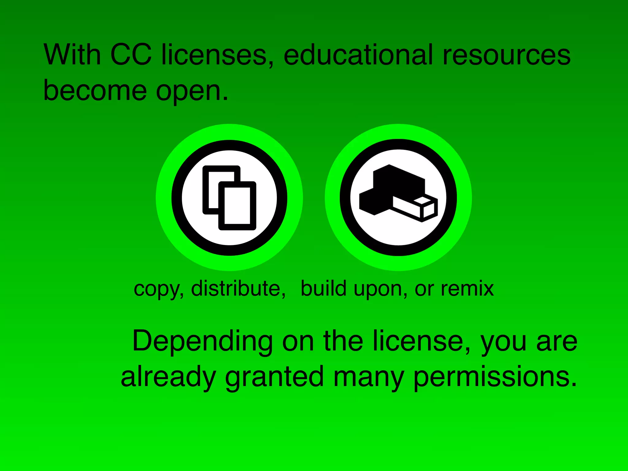 With CC licenses, educational resources
become open.




      copy, distribute, build upon, or remix

      Depending on the license, you are
     already granted many permissions.
 