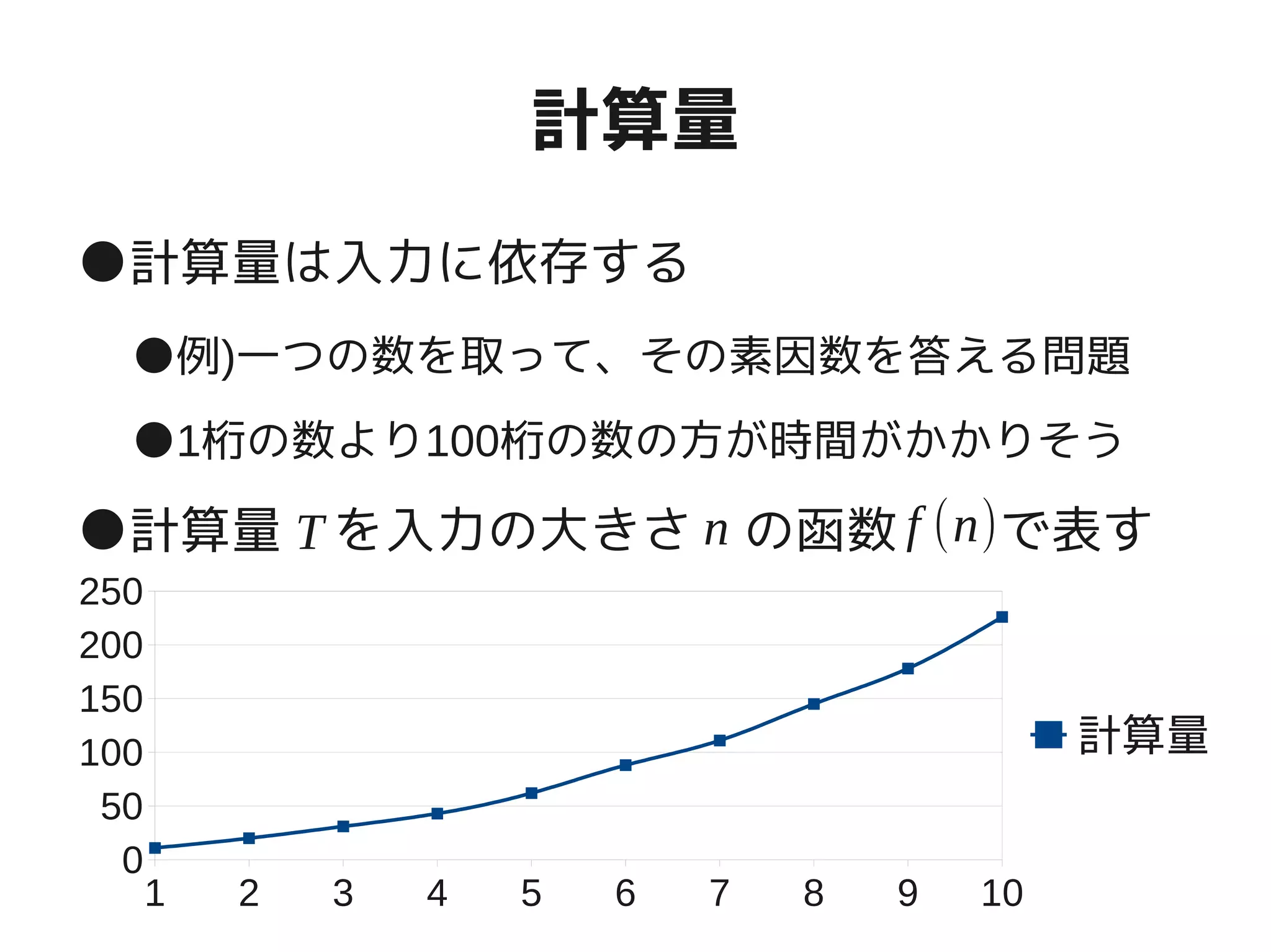 計算量
●計算量は入力に依存する
●例)一つの数を取って、その素因数を答える問題
●1桁の数より100桁の数の方が時間がかかりそう
●計算量　を入力の大きさ　の函数　　で表すT n f (n)
1 2 3 4 5 6 7 8 9 10
0
50
100
150
200
250
計算量
 