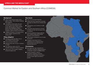 AFRICA AND THE MIDDLE EAST
Common Market for Eastern and Southern Africa (COMESA)
Background
Key issues
n
Second supra-national merger control
regime in Africa – first to impose mandatory
filing obligations
n
Lack of turnover/asset thresholds
19
n COMESA member states: Burundi;
Comoros; Democratic Republic of the
Congo; Djibouti; Egypt; Eritrea; Ethiopia;
Kenya; Libya; Madagascar; Malawi;
Mauritius; Rwanda; Seychelles; Sudan;
Swaziland; Uganda; Zambia and Zimbabwe
n
COMESA Competition Commission (CCC)
based in Malawi, operational since
January 2013
Filing obligation
n
Purchaser or target has sales in two or
more COMESA member states
n turnover/asset thresholds
No
n
Mandatory filing within 30 days of “decision
to merge”
n
Non-suspensory regime, but CCC
considers closing prior to filing is prohibited
n
Fines of up to 10% of parties’ COMESA
turnover for failure to file
n
Limited local nexus requirement: purchaser
OR target can satisfy the two member state
test
n
High filing fee: up to a maximum of US$
500,000
n
Long review period (maximum 120 days/
6 months), but fast track procedure under
consideration
n
Exclusive jurisdiction? Ongoing disputes
about whether parallel national filings
required in some jurisdictions
n
Public interest considerations may be taken
into account
n
Changes on the horizon? CCC is
understood to be considering making
enhancements to the regime but not
expected before 2014
Conclusions
n
New regime has major implications for
companies considering making acquisitions
or disposals of assets in COMESA states
n
Despite recognition of need for
transparency, significant uncertainty
remains as to interpretation of provisions
and how merger regime will operate in
practice
Clifford Chance Our Insights into Antitrust Trends
23