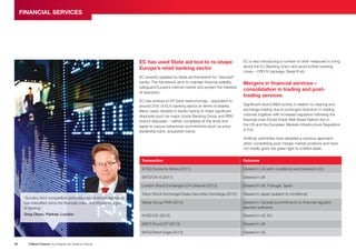 FINANCIAL SERVICES
EC has used State aid tool to re-shape
Europe’s retail banking sector
EC recently updated its State aid framework for “rescued”
banks. The framework aims to maintain financial stability,
safeguard Europe’s internal market and protect the interests
of taxpayers.
EC has worked on 67 bank restructurings – equivalent to
around 25% of EU’s banking sector (in terms of assets).
Many cases resulted in banks having to make significant
disposals (such as major Lloyds Banking Group and RBS
branch disposals – neither completed at this time) and
agree to various behavioral commitments (such as price
leadership bans, acquisition bans).
EC is also introducing a number of other measures to bring
about the EU Banking Union and avoid further banking
crises – CRD IV package, Basel III etc.
Mergers in financial services –
consolidation in trading and posttrading services
Significant recent MA activity in relation to clearing and
exchange-trading due to prolonged downturn in trading
volumes together with increased regulation following the
financial crisis (Dodd-Frank Wall Street Reform Act in
the US and the European Markets Infrastructure Regulation
in EU).
Antitrust authorities have adopted a cautious approach
when considering post-merger market positions and have
not readily given the green light to notified deals.
Transaction
NYSE/Deutsche Börse (2011)
Tokyo Stock Exchange/Osaka Securities Exchange (2012)
Cleared in Japan (subject to conditions)
Maple Group/TMX (2012)
Cleared in Canada (commitments to financial regulator
deemed sufficient)
NYSE/ICE (2013)
Cleared in US, EU
Cleared in UK
BATS/Direct Edge (2013)
Clifford Chance Our Insights into Antitrust Trends
Cleared in UK, Portugal, Spain
EMCF/EuroCCP (2013)
26
Cleared in UK
London Stock Exchange/LCH.Clearnet (2012)
Greg Olsen, Partner, London
Cleared in US (with conditions) and blocked in EU
BATS/Chi-X (2011)
“Scrutiny from competition authorities and financial regulators
has intensified since the financial crisis, and shows no signs
of abating.”
Outcome
Cleared in US