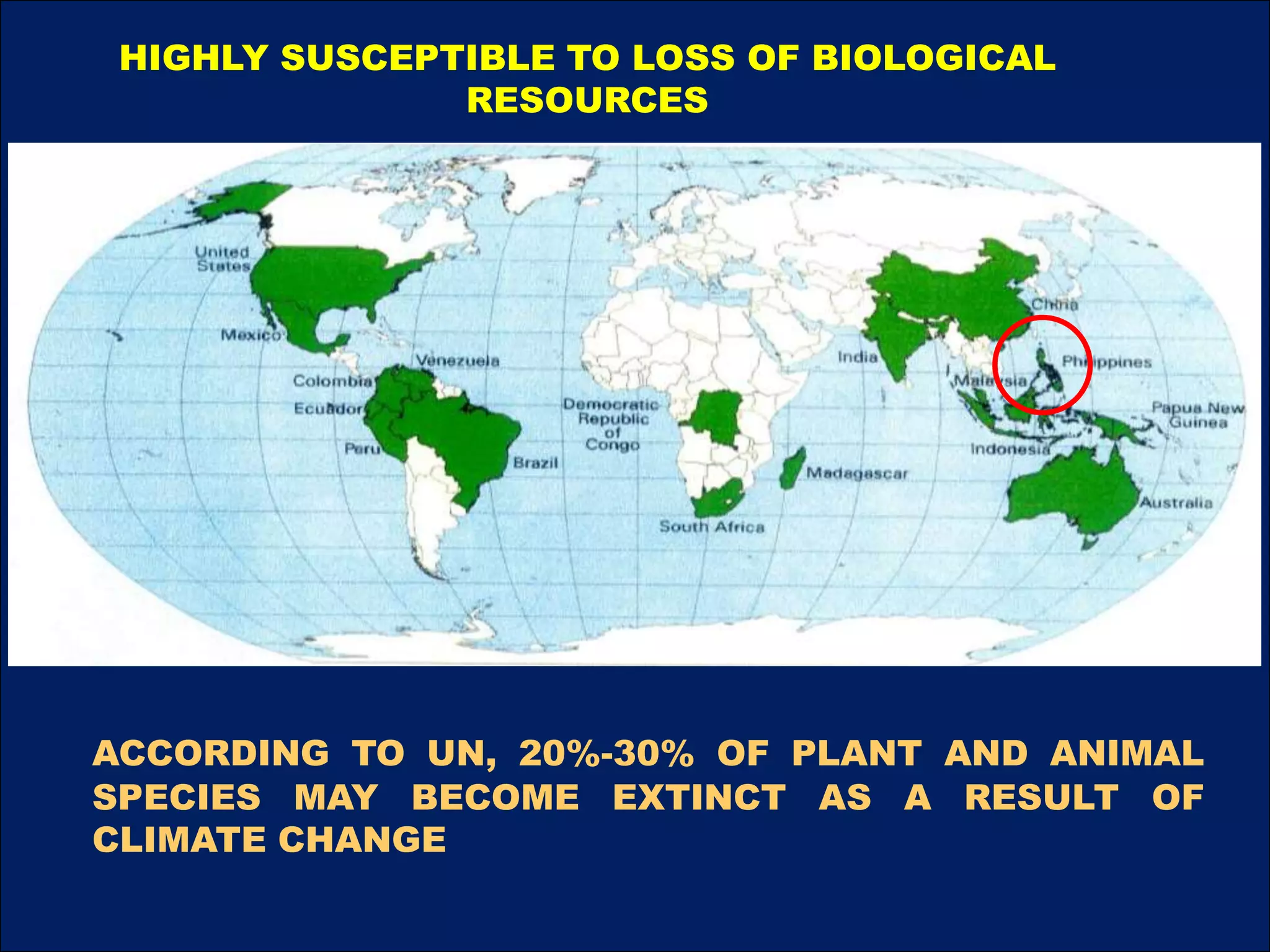 HIGHLY SUSCEPTIBLE TO LOSS OF BIOLOGICAL
RESOURCES
ACCORDING TO UN, 20%-30% OF PLANT AND ANIMAL
SPECIES MAY BECOME EXTINCT AS A RESULT OF
CLIMATE CHANGE
 