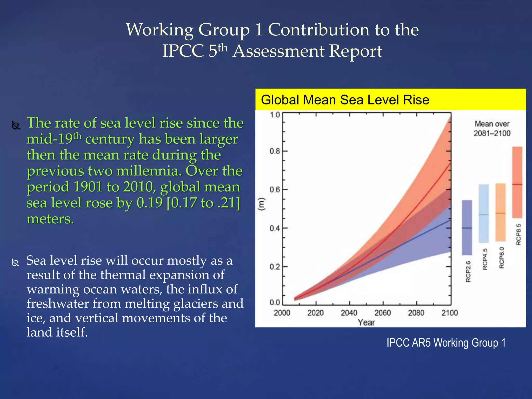  The rate of sea level rise since the
mid-19th century has been larger
then the mean rate during the
previous two millennia. Over the
period 1901 to 2010, global mean
sea level rose by 0.19 [0.17 to .21]
meters.
 Sea level rise will occur mostly as a
result of the thermal expansion of
warming ocean waters, the influx of
freshwater from melting glaciers and
ice, and vertical movements of the
land itself.
IPCC AR5 Working Group 1
Global Mean Sea Level Rise
Working Group 1 Contribution to the
IPCC 5th Assessment Report
 