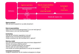Agency partners
•Met wie wordt er gewerkt en op welke disciplines?
Role & responsibilities
•Hoe is de communicatie georganiseerd ? Is er een lead agency?
•Welk bureau is voor wat verantwoordelijk?
Contracting
•Hoe zijn de contracten opgesteld en met wie?
•Welke bureau honorering wordt gehanteerd?
•Welke uurtarieven dan wel menukaart zijn in gebruik?
Steering model
•Is er een samenwerkingsmodel tussen de bureaus afgesproken?
•Werken de bureaus onderling samen?
•Is er een voorbeeld briefing aan de bureaus?
•Werken jullie met vaste briefing formats?
•Hoe worden de bureaus geëvalueerd en wat zijn de resultaten?
Campaigns & Insertions
•Inzage en assessment van de creatieve campagnes en uitingen
Agency partners Role & responsibilities
contracting
&
steering model
Media & means mix
Delivery
Management
&
Staff
Budget
&
Spendings
Campaigns
&
Insertions
 