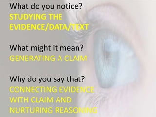 What do you notice?
STUDYING THE
EVIDENCE/DATA/TEXT
What might it mean?
GENERATING A CLAIM
Why do you say that?
CONNECTING EVIDENCE
WITH CLAIM AND
NURTURING REASONING
 
