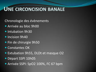 Chronologie des évènements
 Arrivée au bloc 9h00
 Intubation 9h30
 Incision 9h40
 Fin de chirurgie 9h50
 Constantes OK
 Extubation 9h55, DLDt et masque O2
 Départ SSPI 10h05
 Arrivée SSPI: SpO2 100%, FC 67 bpm
UNE CIRCONCISION BANALE
 