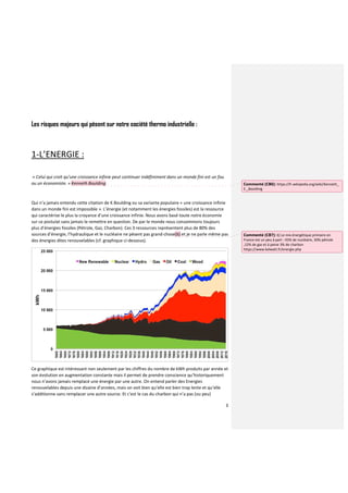 3
Les risques majeurs qui pèsent sur notre société thermo industrielle :
1-L’ENERGIE :
« Celui qui croit qu’une croissance infinie peut continuer indéfiniment dans un monde fini est un fou
ou un économiste. » Kenneth Boulding
Qui n’a jamais entendu cette citation de K.Boulding ou sa variante populaire « une croissance infinie
dans un monde fini est impossible ». L’énergie (et notamment les énergies fossiles) est la ressource
qui caractérise le plus la croyance d’une croissance infinie. Nous avons basé toute notre économie
sur ce postulat sans jamais le remettre en question. De par le monde nous consommons toujours
plus d’énergies fossiles (Pétrole, Gaz, Charbon). Ces 3 ressources représentent plus de 80% des
sources d’énergie, l’hydraulique et le nucléaire ne pèsent pas grand-chose(6) et je ne parle même pas
des énergies dites renouvelables (cf. graphique ci-dessous).
Ce graphique est intéressant non seulement par les chiffres du nombre de kWh produits par année et
son évolution en augmentation constante mais il permet de prendre conscience qu’historiquement
nous n’avons jamais remplacé une énergie par une autre. On entend parler des Energies
renouvelables depuis une dizaine d’années, mais on voit bien qu’elle est bien trop lente et qu’elle
s’additionne sans remplacer une autre source. Et c’est le cas du charbon qui n’a pas (ou peu)
Commenté [CB6]: https://fr.wikipedia.org/wiki/Kenneth_
E._Boulding
Commenté [CB7]: 6) Le mix énergétique primaire en
France est un peu à part : 45% de nucléaire, 30% pétrole
,12% de gaz et à peine 3% de charbon
https://www.kelwatt.fr/energie.php
 