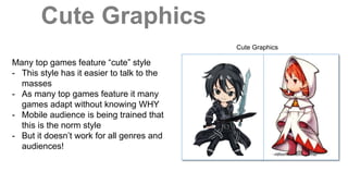 Cute Graphics
Cute Graphics
Many top games feature “cute” style
- This style has it easier to talk to the
masses
- As many top games feature it many
games adapt without knowing WHY
- Mobile audience is being trained that
this is the norm style
- But it doesn’t work for all genres and
audiences!
 