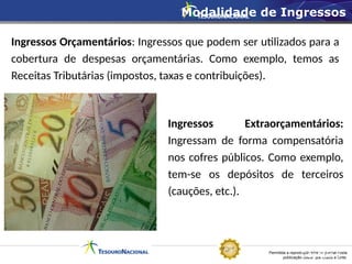 Permitida a reprodução total ou parcial desta
publicação desde que citada a fonte.
Capítulo 8
Modalidade de Ingressos
Ingressos Orçamentários: Ingressos que podem ser utilizados para a
cobertura de despesas orçamentárias. Como exemplo, temos as
Receitas Tributárias (impostos, taxas e contribuições).
Ingressos Extraorçamentários:
Ingressam de forma compensatória
nos cofres públicos. Como exemplo,
tem-se os depósitos de terceiros
(cauções, etc.).
 