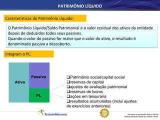 Permitida a reprodução total ou parcial
desta publicação desde que citada a fonte.
Características do Patrimônio Líquido:
O Patrimônio Líquido/Saldo Patrimonial é o valor residual dos ativos da entidade
depois de deduzidos todos seus passivos.
Quando o valor do passivo for maior que o valor do ativo, o resultado é
denominado passivo a descoberto.
Integram o PL:
Patrimônio social/capital social
reservas de capital
ajustes de avaliação patrimonial
reservas de lucros
ações em tesouraria
resultados acumulados (inclui ajustes
de exercícios anteriores)
Ativo
Passivo
PL
PATRIMÔNIO LÍQUIDO
 