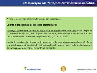 Permitida a reprodução total ou parcial
desta publicação desde que citada a fonte.
Classificação das Variações Patrimoniais Diminutivas
A variação patrimonial diminutiva pode ser classificada:
Quanto à dependência da execução orçamentária:
- Variação patrimonial diminutiva resultante da execução orçamentária – são despesas
orçamentárias efetivas, de propriedade do ente, que resultam em diminuição do
patrimônio líquido. Exemplo: despesa de serviços de terceiros.
- Variação patrimonial diminutiva independente da execução orçamentária – são fatos
que resultam em diminuição do patrimônio líquido, que ocorrem independentemente
da execução orçamentária. Exemplo: depreciação.
 