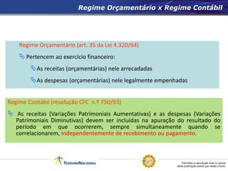 Permitida a reprodução total ou parcial
desta publicação desde que citada a fonte.
Regime Orçamentário x Regime Contábil
Regime Orçamentário (art. 35 da Lei 4.320/64)
Pertencem ao exercício financeiro:
As receitas (orçamentárias) nele arrecadadas
As despesas (orçamentárias) nele legalmente empenhadas
Regime Contábil (resolução CFC n.º 750/93)
 As receitas (Variações Patrimoniais Aumentativas) e as despesas (Variações
Patrimoniais Diminutivas) devem ser incluídas na apuração do resultado do
período em que ocorrerem, sempre simultaneamente quando se
correlacionarem, independentemente de recebimento ou pagamento.
 