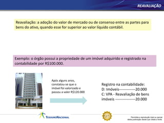 Permitida a reprodução total ou parcial
desta publicação desde que citada a fonte.
REAVALIAÇÃO
Reavaliação: a adoção do valor de mercado ou de consenso entre as partes para
bens do ativo, quando esse for superior ao valor líquido contábil.
Exemplo: o órgão possui a propriedade de um imóvel adquirido e registrado na
contabilidade por R$100.000.
Após alguns anos,
constatou-se que o
imóvel foi valorizado e
passou a valer R$120.000
Registro na contabilidade:
D: Imóveis-------------20.000
C: VPA - Reavaliação de bens
imóveis ----------------20.000
 
