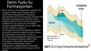 Derin Tuzlu Su
Formasyonları
• Derin tuzlu su formasyonları, yüksek tuz
içeriğine sahip suyla doygun derin
sedimanter kayaçlardan meydana
gelmektedir. Bu formasyonlar, yüksek CO2
depolama kapasitesine sahiptir ancak
enjekte edilen CO2'nin kritik seviyelerde
kalabilmesi için yeterli bir derinlikte
olmaları gerekmektedir (en az 800-1000
m). Bu nedenle, tuzlu su
formasyonlarında CO2 depolama işlemi
sırasında sıkıştırma işlemine tabi tutulur.
Bu aşamadan sonra CO2 , tuzlu su
formasyonlarla bağlantılı kuyulara taşınır.
Kuyu aracılığıyla enjekte edilen CO2 ,
formasyon suyundan daha düşük
yoğunluk ve viskoziteye sahip
olduğundan, değişen basınç etkisiyle
kuyudan uzaklaşarak formasyon içinde
yayılır.
 