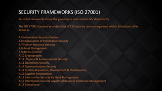SECURITY FRAMEWORKS (ISO 27001)
Security Frameworks shape the governance and controls of cybersecurity.
The ISO 27001 Standard provides a list of 114 security controls organized within 14 sections of its
Annex A:
A.5 Information Security Policies
A.6 Organisation of Information Security
A.7 Human Resource Security
A.8 Asset Management
A.9 Access Control
A.10 Cryptography
A.11 Physical & Environmental Security
A.12 Operations Security
A.13 Communications Security
A.14 System Acquisition, Development & Maintenance
A.15 Supplier Relationships
A.16 Information Security Incident Management
A.17 Information Security Aspects of Business Continuity Management
A.18 Compliance
 