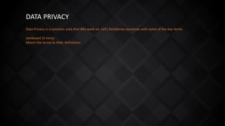 DATA PRIVACY
Data Privacy is a common area that BAs work on. Let’s familiarise ourselves with some of the key terms
Jamboard (3 mins)
Match the terms to their definitions
 