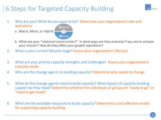 14
6 Steps for Targeted Capacity Building
1. Who are you? What do you want to be? Determine your organization’s role and
aspirations
a. Macro, Micro, or Hybrid
b. What are your “relational communities?” In what ways are they essential if you are to achieve
your mission? How do they affect your growth aspirations?
2. What is your current lifecycle stage? Assess your organization’s lifecycle
3. What are your priority capacity strengths and challenges? Assess your organization’s
capacity needs
4. Who are the change agents to building capacity? Determine who needs to change
5. What do the change agents need to build capacity? What type(s) of capacity building
support do they need? Determine whether the individuals or group are “ready to go” or
“need to get ready”
6. What are the available resources to build capacity?Determine a cost-effective model
for supporting capacity building
Macro
Micro
 