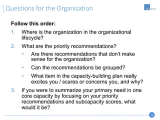 18
Questions for the Organization
Follow this order:
1. Where is the organization in the organizational
lifecycle?
2. What are the priority recommendations?
• Are there recommendations that don’t make
sense for the organization?
• Can the recommendations be grouped?
• What item in the capacity-building plan really
excites you / scares or concerns you, and why?
3. If you were to summarize your primary need in one
core capacity by focusing on your priority
recommendations and subcapacity scores, what
would it be?
 
