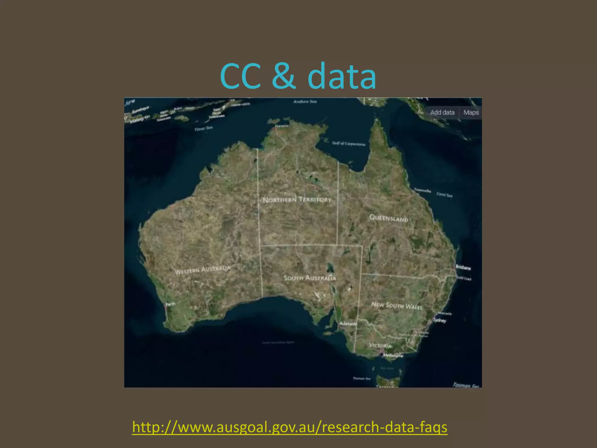 CC & data
http://www.ausgoal.gov.au/research-data-faqs
 