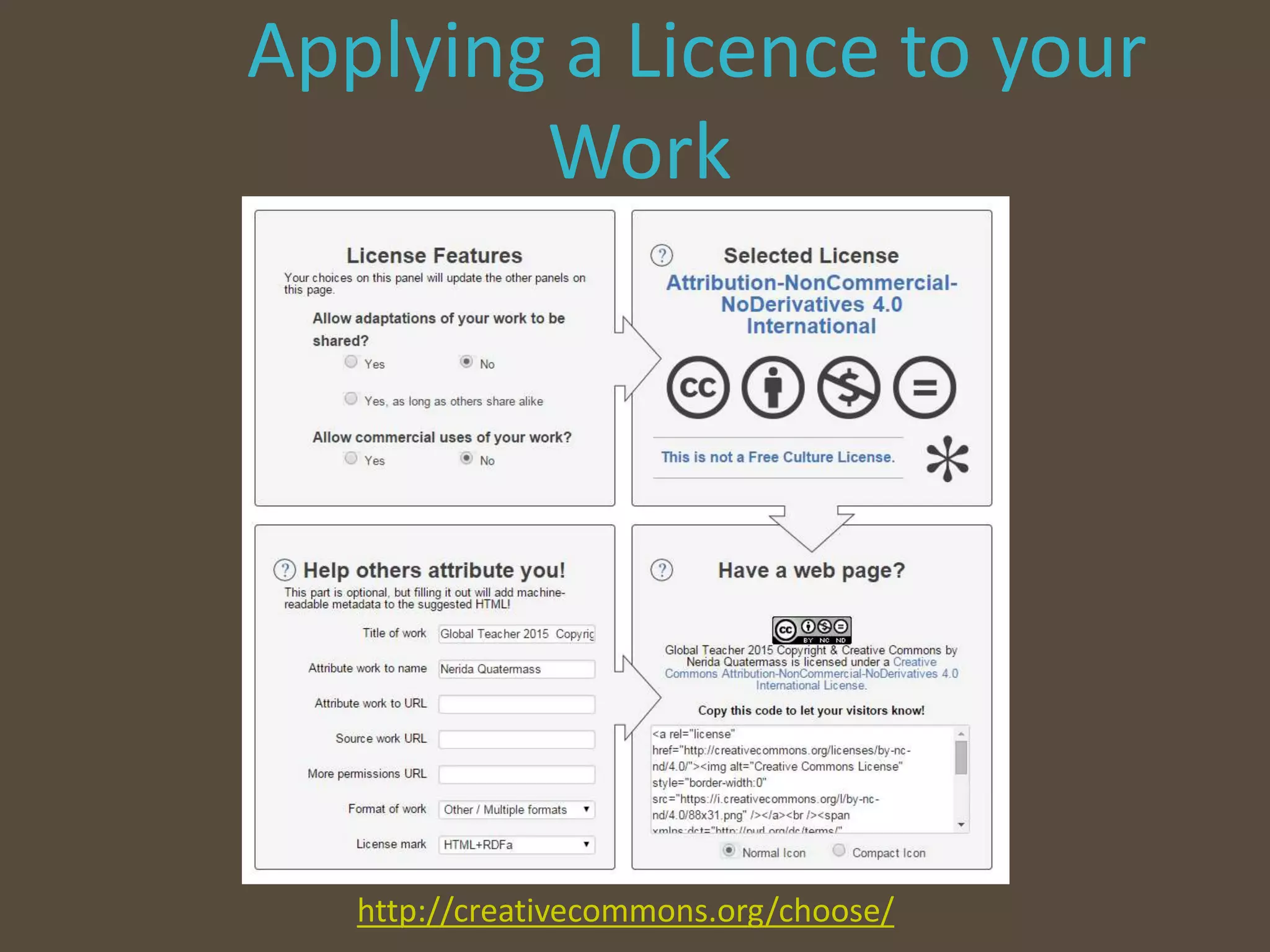 Applying a Licence to your
Work
http://creativecommons.org/choose/
 