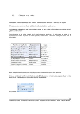 21
Diciembre 2010/ Esc. Informática y Telecomunicaciones / Ingeniería en Ejec. Informática, Redes, Telecom, Análisis
10. Dibujar una tabla
Ya tenemos nuestra información de la nómina, con los atributos centrados y marcados en negrita.
Ahora aprenderemos como dibujar la tabla alrededor de los datos que tenemos.
Sombreamos el área en la que marcaremos la tabla, es decir, toda la información que hemos escrito.
¿Cómo sombreamos?
Nos ubicamos en la celda a partir de la cual queremos sombrear. En este caso la celda C2 y
manteniendo el botón izquierdo del ratón apretado, comenzamos a mover el ratón para captar toda la
información
En la imagen anterior vemos como poco a poco se va sombreando toda el área deseada
Una vez sombreada la información hasta la celda E12, buscamos un botón ubicado para dibujar bordes
en la opción Fuente del botón Inicio de la barra de herramientas.
Botón Inicio:
 