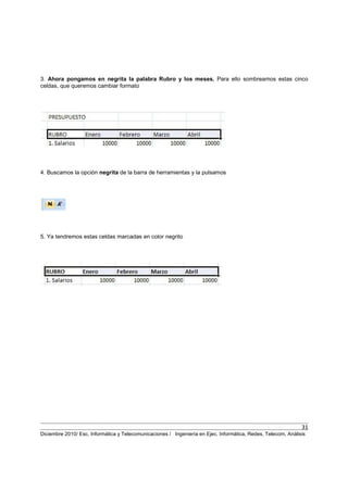31
Diciembre 2010/ Esc. Informática y Telecomunicaciones / Ingeniería en Ejec. Informática, Redes, Telecom, Análisis
3. Ahora pongamos en negrita la palabra Rubro y los meses. Para ello sombreamos estas cinco
celdas, que queremos cambiar formato
4. Buscamos la opción negrita de la barra de herramientas y la pulsamos
5. Ya tendremos estas celdas marcadas en color negrito
 