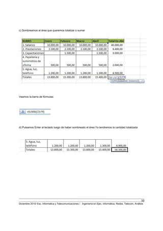 50
Diciembre 2010/ Esc. Informática y Telecomunicaciones / Ingeniería en Ejec. Informática, Redes, Telecom, Análisis
c) Sombreamos el área que queremos totalizar o sumar
Veamos la barra de fórmulas:
d) Pulsamos Enter al teclado luego de haber sombreado el área.Ya tendremos la cantidad totalizada
 