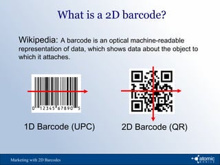 What is a 2D barcode?
Marketing with 2D Barcodes
Wikipedia: A barcode is an optical machine-readable
representation of data, which shows data about the object to
which it attaches.
1D Barcode (UPC) 2D Barcode (QR)
 