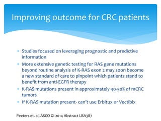 Improving outcome for CRC patients

 Studies focused on leveraging prognostic and predictive
information
 More extensive genetic testing for RAS gene mutations
beyond routine analysis of K-RAS exon 2 may soon become
a new standard of care to pinpoint which patients stand to
benefit from anti-EGFR therapy
 K-RAS mutations present in approximately 40-50% of mCRC
tumors
 If K-RAS mutation present- can’t use Erbitux or Vectibix
Peeters et. al, ASCO GI 2014 Abstract LBA387

 