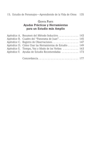 15.		Estudio de Personajes—Aprendiendo de la Vida de Otros 		 135
Quinta Parte
Ayudas Prácticas y Herramientas
para un Estudio más Amplio
Apéndice A.	 Resumen del Método Inductivo	. . . . . . . . . . . . .	 143
Apéndice B.	 Cuadro del “Panorama de Juan”	
. . . . . . . . . . . . .	 145
Apéndice C.	 Registro de Observaciones	. . . . . . . . . . . . . . . . .	 147
Apéndice D.	 Cómo Usar las Herramientas de Estudio	. . . . . . .	 149
Apéndice E.	 Tiempo, Voz y Modo de los Verbos	 . . . . . . . . . .	 163
Apéndice F.	 Ayudas de Estudio Recomendadas	 . . . . . . . . . . .	 173
	 Concordancia	. . . . . . . . . . . . . . . . . . . . . . . . . .	 177
 