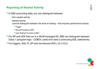 Reporting of Nested Activity
• In DB2 accounting data, you can distinguish between
– Non-nested activity
– Nested activity
(cannot distinguish between the level of nesting – that requires performance traces)
• Trigger
• Stored Procedure (SP)
• User Defined Function (UDF)
•
© 2012 IBM Corporation
• For SP and UDF that run in a WLM-managed AS, DB2 can distinguish between
Class 1 (program logic - COBOL code) and class 2 (executing SQL statements)
• For triggers, SQL PL SP and non-fenced UDFs, CL1=CL2
 