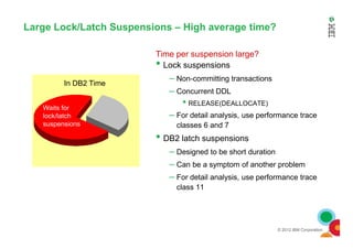 Large Lock/Latch Suspensions – High average time?
Time per suspension large?
• Lock suspensions
– Non-committing transactions
– Concurrent DDL
• RELEASE(DEALLOCATE)
– For detail analysis, use performance trace
classes 6 and 7
Waits for
lock/latch
suspensions
In DB2 Time
© 2012 IBM Corporation
classes 6 and 7
• DB2 latch suspensions
– Designed to be short duration
– Can be a symptom of another problem
– For detail analysis, use performance trace
class 11
suspensions
 