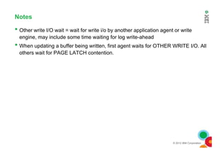 Notes
• Other write I/O wait = wait for write i/o by another application agent or write
engine, may include some time waiting for log write-ahead
• When updating a buffer being written, first agent waits for OTHER WRITE I/O. All
others wait for PAGE LATCH contention.
© 2012 IBM Corporation
 