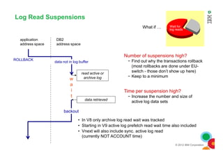 Log Read Suspensions
w
ROLLBACK
application
address space
DB2
address space
read active or
archive log
Wait for
other
agents’ writes
data not in log buffer
What if … Wait for
log reads
Number of suspensions high?
− Find out why the transactions rollback
(most rollbacks are done under EU-
switch - those don’t show up here)
− Keep to a minimum
© 2012 IBM Corporation
w
a
i
t
archive log
data retrieved
backout
− Keep to a minimum
Time per suspension high?
− Increase the number and size of
active log data sets
• In V8 only archive log read wait was tracked
• Starting in V9 active log prefetch read wait time also included
• Vnext will also include sync. active log read
(currently NOT ACCOUNT time)
 