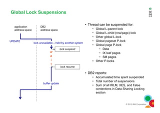 Global Lock Suspensions
w
a
UPDATE
application
address space
DB2
address space
lock suspend
Wait for
other
agents’ writes
lock unavailable – held by another system
• Thread can be suspended for:
− Global L-parent lock
− Global L-child (row/page) lock
− Other global L-lock
− Global pageset P-lock
− Global page P-lock
− Data
− IX leaf pages
− SM pages
© 2012 IBM Corporation
a
i
t
lock resume
buffer update
− SM pages
− Other P-locks
• DB2 reports:
− Accumulated time spent suspended
− Total number of suspensions
− Sum of all IRLM, XES, and False
contentions in Data Sharing Locking
section
 