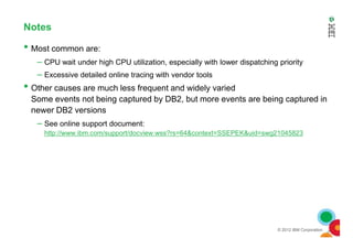 Notes
• Most common are:
– CPU wait under high CPU utilization, especially with lower dispatching priority
– Excessive detailed online tracing with vendor tools
• Other causes are much less frequent and widely varied
Some events not being captured by DB2, but more events are being captured in
newer DB2 versions
– See online support document:
© 2012 IBM Corporation
– See online support document:
http://www.ibm.com/support/docview.wss?rs=64&context=SSEPEK&uid=swg21045823
 