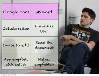 Google Docs              MS Word



                             Einzelner
   Collaboration
                               User


                             Send the
   Invite to edit
                             document


     App empﬁelt              Nutzer
         sich selbst         empfehlen

Sonntag, 22. November 2009
 