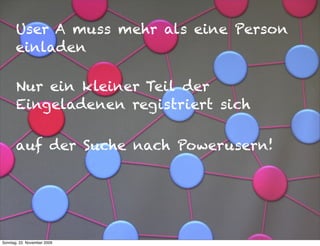 User A muss mehr als eine Person
       einladen

       Nur ein kleiner Teil der
       Eingeladenen registriert sich

       auf der Suche nach Powerusern!




Sonntag, 22. November 2009
 