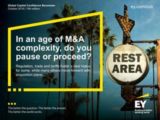 In an age of M&A
complexity, do you
pause or proceed?
Regulation, trade and tariffs foster a deal hiatus
for some, while many others move forward with
acquisition plans.
The better the question.The better the answer.
The better the world works.
Global Capital Confidence Barometer
October 2018 | 19th edition
ey.com/ccb
 