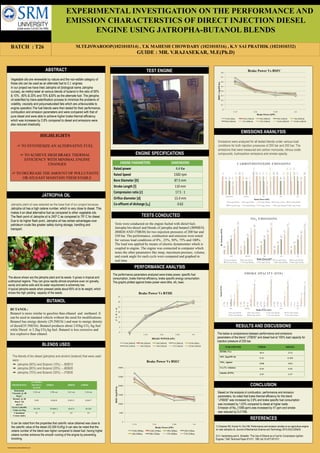 Poster template by ResearchPosters.co.za
EXPERIMENTAL INVESTIGATION ON THE PERFORMANCE AND
EMISSION CHARACTERSTICS OF DIRECT INJECTION DIESEL
ENGINE USING JATROPHA-BUTANOL BLENDS
ABSTRACT
Vegetable oils are renewable by nature and the non-edible category of
these oils can be used as an alternate fuel to C.I. engines.
In our project we have tried Jatropha oil (biological name Jatropha
curcas), as methyl ester at various blends of butanol in the ratio of 90%
& 10% , 80% & 20% and 70% &30% as the alternate fuel. The jatropha
oil esterified by trans-esterification process to minimize the problems of
volatility, viscosity and polyunsaturated fats which are unfavourable to
engine operation.The fuel blends were then tested for their performance,
combustion and emission parameters and were compared with that of
pure diesel and were able to achieve higher brake thermal efficiency
which was increases by 2.8% compared to diesel and emissions were
also reduced drastically.
JATROPHA OIL
BUTANOL
The blends of bio diesel (jatropha) and alcohol (butanol) that were used
were :
➠  Jatropha (90%) and Butanol (10%) – J90B10
➠  Jatropha (80%) and Butanol (20%) – J80B20
➠  Jatropha (70%) and Butanol (30%) – J70B30
TEST ENGINE
TESTS CONDUCTED
Tests were conducted on the engine fueled with diesel fuel,
Jatropha bio-diesel and blends of jatropha and butanol (JB90B10,
J80B20 AND J70B30) for two injection pressures of 200 bar and
250 bar. The performance, combustion and emission were noted
for various load conditions of 0% , 25%, 50%, 75% and 100%.
The load was applied by means of electric dynamomter which is
coupled to engine. The engine was connected to computer which
notes the other parameters like imep, maximum pressure, volume,
and crank angle for each cycle were computed and graphed in
real time.
EMISSIONS ANANLYSIS
RESULTS AND DISCUSSIONS
Emissions were analyzed for all tested blends under various load
conditions for both injection pressures of 200 bar and 250 bar. The
emissions that were measured are carbon monoxide, nitrous oxide
compounds, hydrocarbon emissions and smoke opacity.
Jatropha plant oil was selected as the base fuel of our project because,
Jatropha oil has a high cetane number, which is very close to diesel. This
makes it an ideal alternative fuel as compared to other vegetable oils.
The flash point of Jatropha oil is 2400 C as compared to 750 C for diesel.
Due to its higher flash point, Jatropha oil has certain advantages over
petroleum crude like greater safety during storage, handling and
transport.
HIGHLIGHTS
☞ TO SYNTHESIZE AN ALTERNATIVE FUEL
☞ TO ACHIEVE HIGH BRAKE THERMAL
EFFICIENCY WITH MINIMAL ENGINE
CHANGES
☞ TO DECREASE THE AMOUNT OF POLLUTANTS
OR ATLEAST MAINTAIN THEM STABLE
M.TEJSWAROOP(1021010314) , T.K MAHESH CHOWDARY (1021010316) , K.V SAI PRATHIK (1021010332)
GUIDE : MR. V.RAJASEKAR, M.E(Ph.D)
The above shown are the jatropha plant and its seeds. It grows in tropical and
subtropical regions. They can grow rapidly almost anywhere even on gravelly,
sandy and saline soils and its water requirement is extremely low.
A typical jatropha seeds when pressed yields about 65% oil to its weight, which
shows the high yielding capacity of the seeds.
It can be noted from the properties that calorific value obtained was close to
the calorific value of the diesel (42,500 KJ/Kg).It can also be noted that the
cetane number of the blend was higher compared to diesel fuel, having higher
cetane number enhance the smooth running of the engine by preventing
knocking.
ENGINE%PARAMETERS% DIMENSIONS!
Rated%power% 4.4!Kw!
Rated%Speed% 1500!rpm!
Bore%Diameter%[D]% 87.5!mm!
Stroke%Length%[l]% 110!mm!
Compression%ratio%[r]% 17.5!:!1!
Orifice%diameter%[d]% 13.4!mm!
CoEefficent%of%dicharge%[cd]% 0.62!
!
The performance parameters analyzed were brake power, specific fuel
consumption, brake thermal efficiency, brake specific energy consumption.
The graphs plotted against brake power were bthe, sfc, bsec.
0
5
10
15
20
25
30
35
0 1.115 2.16 3.165 4.4
B
T
H
E
%
BRAKE POWER (kW)
Brake Power Vs BTHE
J100-200BAR J90-200BAR J80-200BAR J70-200BAR D100-200bar
J100-250BAR J90-250BAR J80-250BAR J70-250BAR D100-250BAR
189
213
207
205
193
204
179
192
204
195
364
410
402
387
378
407
374
392
386
382
637
706
645
634
644
655
658
618
623
610
862
944
875
854
806
904
839
836
813
816
1158
1054
1115
1075
1033
1166
1051
1134
1127
1098
J100 DIESEL J90 J80 J70
HCEmissions(PPM)
Brake Power (kW)
NOX EMISSIONS
0% load 200 Bar 0% load 250 bar 25% load 200 Bar 25% load 250 bar 50% load 200 Bar
50% load 250 bar 75% load 200 Bar 75% load 250 bar 100% load 200 Bar 100% load 250 bar
0.01
0.07
0.04
0.04
0
0.09
0.06
0.08
0.11
0.07
0.04
0.13
0.02
0.03
0
0.1
0.08
0.14
0.09
0.07
0.06
0.1
0.05
0.03
0.13
0.77
0.11
0.14
0.1
0.1
0.05
0.29
0.51
0.051
0.18
0.85
0.82
1.2
1.06
0.94
2.21
1.9
2.11
2.04
0.99
1.75
2.27
2.7
2.3
2.07
J100 DIESEL J90 J80 J70
Smoke(FSN)
Brake Power (Kw)
SMOKE OPACITY (FSN)
0% load 200 Bar 0% load 250 bar 25% load 200 Bar 25% load 250 bar
50% load 200 Bar 50% load 250 bar 75% load 200 Bar 75% load 250 bar
The below is comparisons between performance and emissions
parameters of the blend “J70B30” and diesel fuel at 100% load capacity for
injection pressure of 250 bar.
!
PARAMETER J70B30 DIESEL
BTHE (%) 30.4! 27.6!
SFC (kg/kW-h)
0.31! 0.305!
NOX (ppm)
1098! 1051!
Co (% volume)
0.04! 0.05!
Smoke (FSN)
2.07! 2.27!
BUTANOL:
Butanol is more similar to gasoline than ethanol and methanol. It
can be used in standard vehicle without the need for modifications.
Butanol has energy density (29.5MJ/lit ) and near to energy density
of diesel(35.5MJ/lit) .Butanol produces about 2.03kg CO2 /kg fuel
while Diesel is 3.2kg CO2/kg fuel. Butanol is less corrosive and
less explosive than ethanol.
BLENDS USED
PERFORMANCE ANALYSIS
0
0.1
0.2
0.3
0.4
0.5
0.6
0.7
0.8
1.115 2.16 3.165 4.4
BSFC(kg/kW-hr)
Brake Power (kW)
Brake Power Vs BSFC
J100-200bar J100-250BAR J90-200BAR J90-250BAR J80-200BAR
J80-250BAR J70-200BAR J70-250BAR D100-200BAR D100-250BAR
0.03
0.04
0.04
0.04
0.05
0.04
0.04
0.04
0.04
0.03
0.03
0.04
0.04
0.04
0.05
0.03
0.03
0.03
0.04
0.04
0.03
0.03
0.04
0.03
0.04
0.03
0.03
0.03
0.03
0.03
0.03
0.03
0.04
0.04
0.03
0.02
0.02
0.02
0.03
0.03
0.04
0.04
0.05
0.05
0.04
0.03
0.05
0.03
0.04
0.04
JATROPHA DIESEL J90 J80 J70
Brake Power (kW)
CARBONMONOXIDE EMISSIONS
0% load 200 Bar 0% load 250 bar 25% load 200 Bar 25% load 250 bar 50% load 200 Bar
50% load 250 bar 75% load 200 Bar 75% load 250 bar 100% load 200 Bar 100% load 250 bar
PROPERTIES
JATROHA
METHYL
ESTER
J90B10 J80B20 J70B30
Kinematic
Viscosity @ 40
Deg.C
3.24 cst 3.98 cst 3.61 cst 3.24 cst
Density @ 30
Deg.C (in
gm/cc)
0.89 0.8610 0.8513 0.8417
Gross Calorific
Value in J/kg
39,270 39,064.2 38,673 38,283
Calculated
Cetane index
51 51 52 53
!
0
5000
10000
15000
20000
25000
30000
1.115 2.16 3.165 4.4
BSEC(kg/kW-h)
Brake Power (kW)
Brake Power Vs BSEC
J100-200bar j100-250bar J90-200bar j90-250bar
j80-200bar J80-250bar J70-200bar J70-250bar
ENGINE SPECIFICATIONS
Based on the analysis of combustion, performance and emission
parameters, its noted that brake thermal efficiency for the blend
“J70B30” was increased by 2.8% and brake specific fuel consumption
was increased by 1.63% compared to diesel at higher loads.
Emission of Nox (1098 ppm) was increased by 47 ppm and smoke
was reduced by 0.2 FSN.
CONCLUSION
1) Chauhan BS, Kumar N, Cho HM. Performance and emission studies on an agriculture engine
on neat Jatropha oil. Journal of Mechanical Science and Technology 2010;24(2):529e35.
2) H. Hardenberg and A. Schaefer, "The Use of Ethanol as a Fuel for Compression Ignition
Engines," SAE Technical Paper 811211, 1981,doi:10.4271/811211
REFERENCES
BATCH : T26
 
