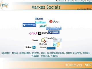 Xarxes Socials




updates, fotos, missatges, events, jocs, recomanacions, estats d’ànim, llibres,
                           viatges, música, videos...


                                                        © Iwith.org 2009
 