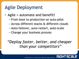 Agile = automate and benefit! From boot to production on auto-pilot Across different stacks & different clouds Auto-failover, auto-restart, auto-scale Change your business process “ Deploy faster, better, and cheaper than your competitors”  Agile Deployment 