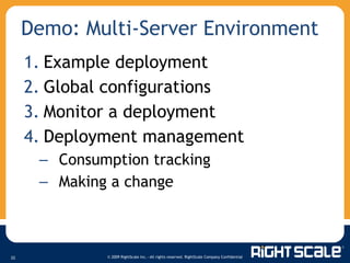 Demo: Multi-Server Environment Example deployment Global configurations Monitor a deployment Deployment management Consumption tracking Making a change 
